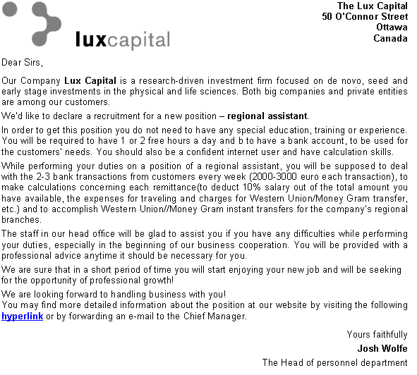 Lux Capital spam