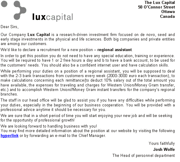 Lux Capital bogus job offer