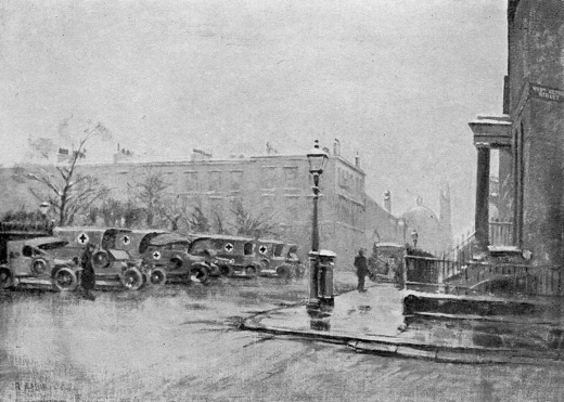 WW1 ambulances in Blythswood Square, Glasgow, painted by Robert Eadie