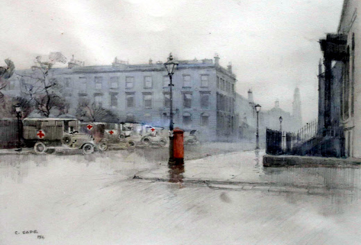 WW1 ambulances in Blythswood Square, Glasgow, painted by Robert Eadie in 1916