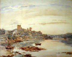 River view with ruined castle on hill, by Robert Eadie