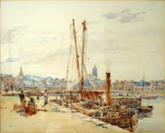 [Harbour with fishing boats and distant church spire] by Robert Eadie