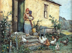 Girl feeding chickens before a cottage by Robert Eadie