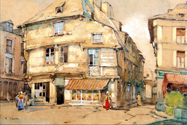 Dinan street scene, watercolour by Robert Eadie