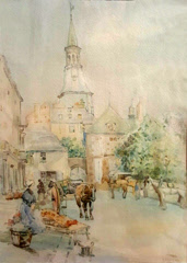 The Flower Sellers, Dinan, Brittany, watercolour by Robert Eadie