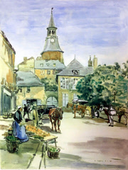 The Market, Dinan, Brittany, lithograph by Robert Eadie