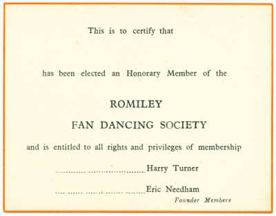 Romiley Fan Dancing Society card, designed by Harry Turner