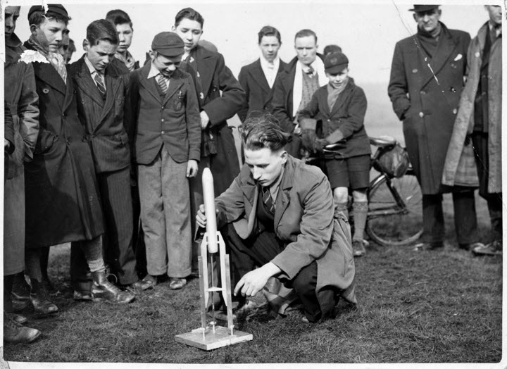 Bill Heeley with his rocket, 27th March 1937