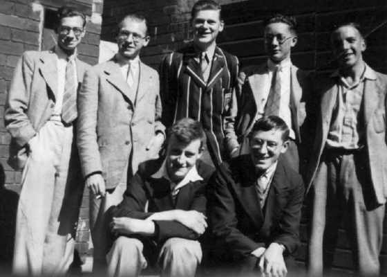 Back row: Harry Turner, Vic Gillard, Doug Mayer and 2 unidentified Leeds fans; Front row: Eric Needham, George Ellis