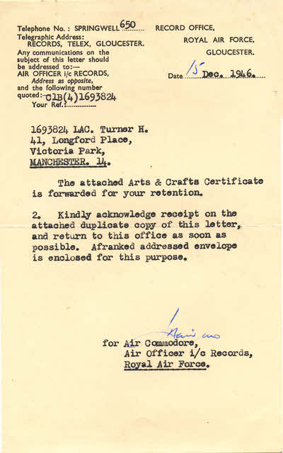 RAF Arts & Crafts Certificate covering letter