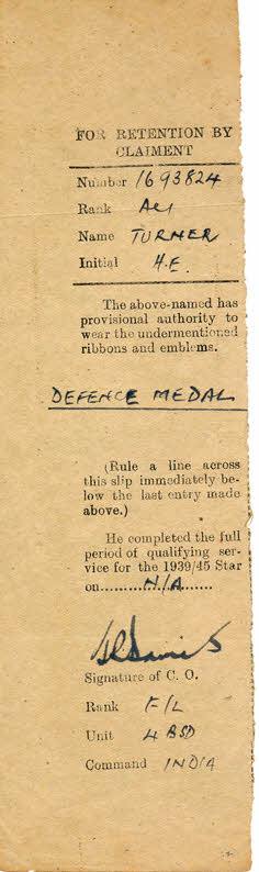 Harry Turner's Defence Medal ticket