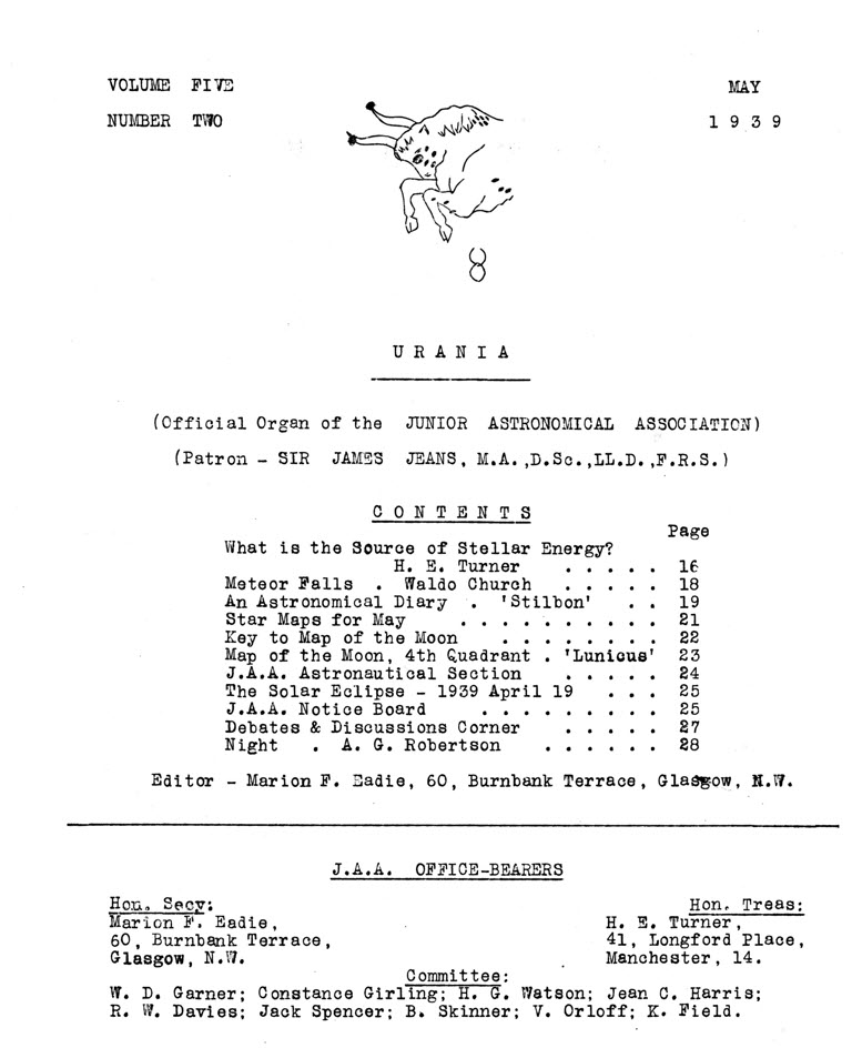 Urania, April 1939, edited by Marion Eadie